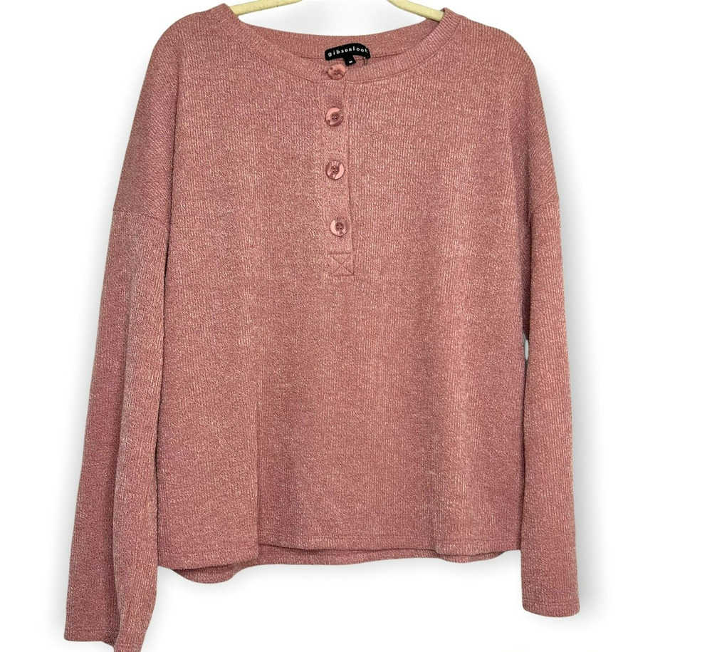 Gibsonlook Long Sleeve Ribbed Knit Henley Top Sz Small Pink NWT